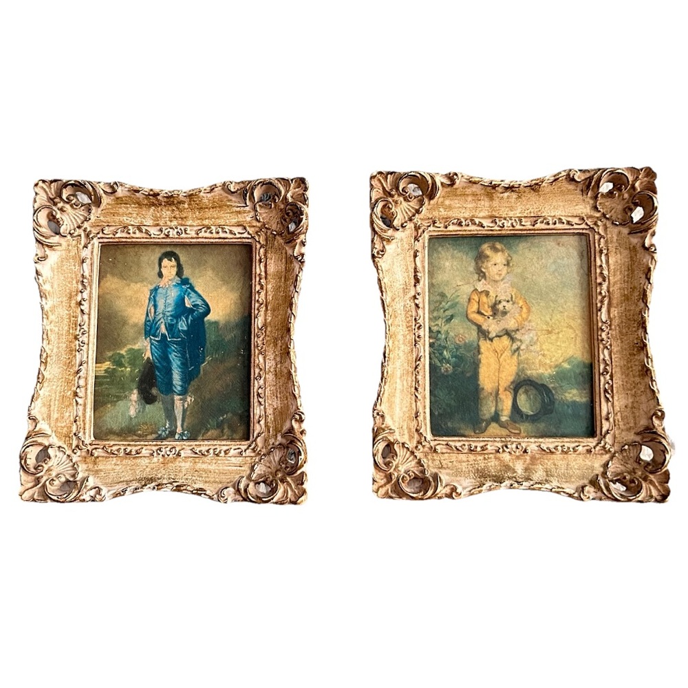 Gold Beige Framed Art Print Boy in Blue and Boy with Dog and Top Hat Set